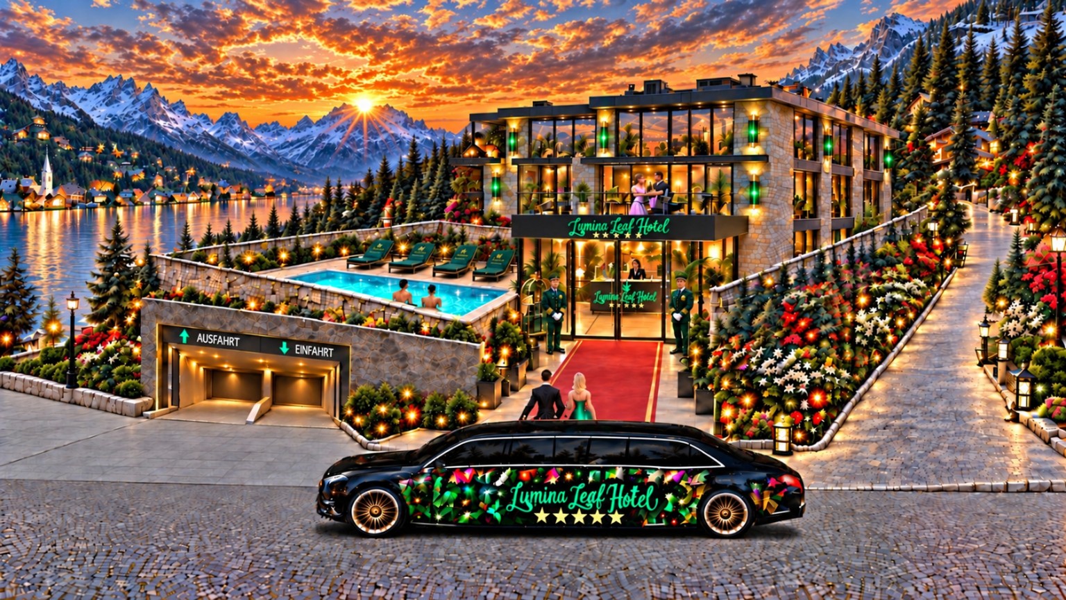 Lumina Leaf Hotel mit schwarzer Limousine, Pool und Alpenlandschaft bei Sonnenuntergang.